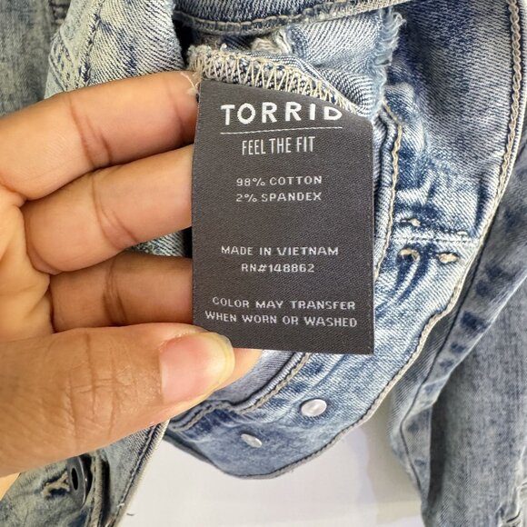 Torrid Destructed Denim Jean Jacket Womens Light Wash Trucker Distress Size 3X - Picture 7 of 11